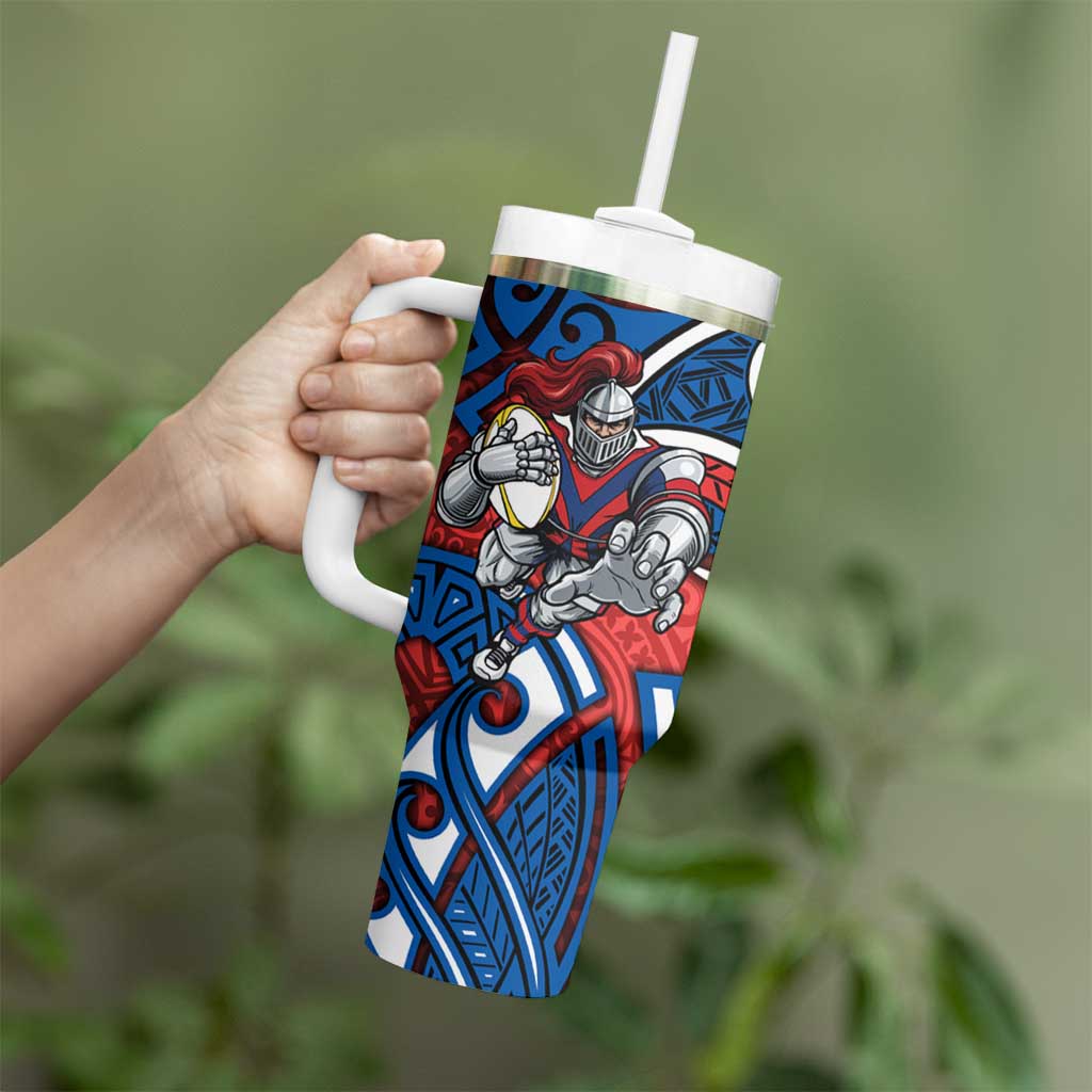 Newcastle Knights Rugby Tumbler With Handle Polynesian Tribal Knight Warrior Red Blue Pattern