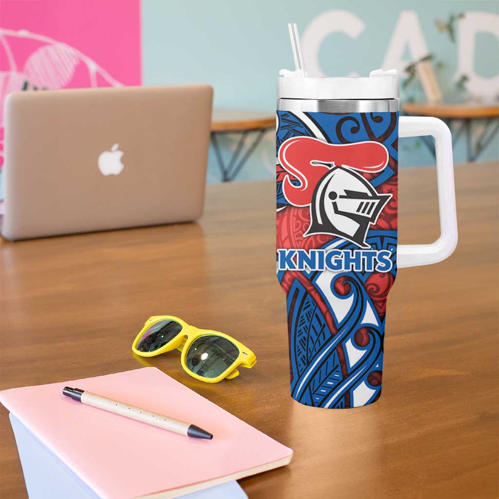 Newcastle Knights Rugby Tumbler With Handle Polynesian Tribal Knight Warrior Red Blue Pattern