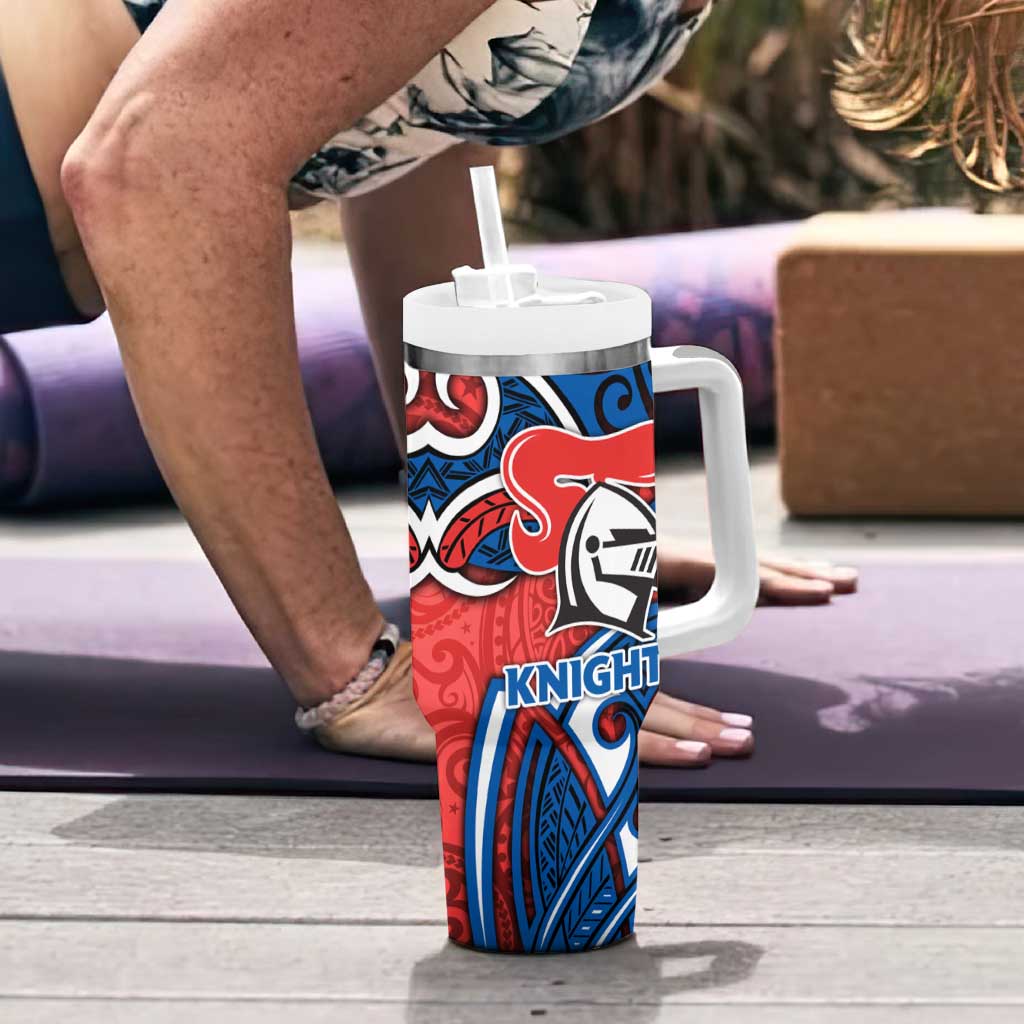 Newcastle Knights Rugby Tumbler With Handle Polynesian Tribal Knight Warrior Red Blue Pattern