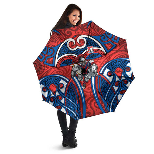 Newcastle Knights Rugby Umbrella Polynesian Tribal Knight Warrior Red Blue Pattern