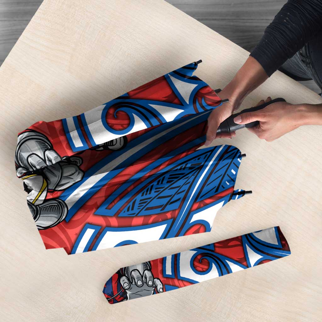 Newcastle Knights Rugby Umbrella Polynesian Tribal Knight Warrior Red Blue Pattern