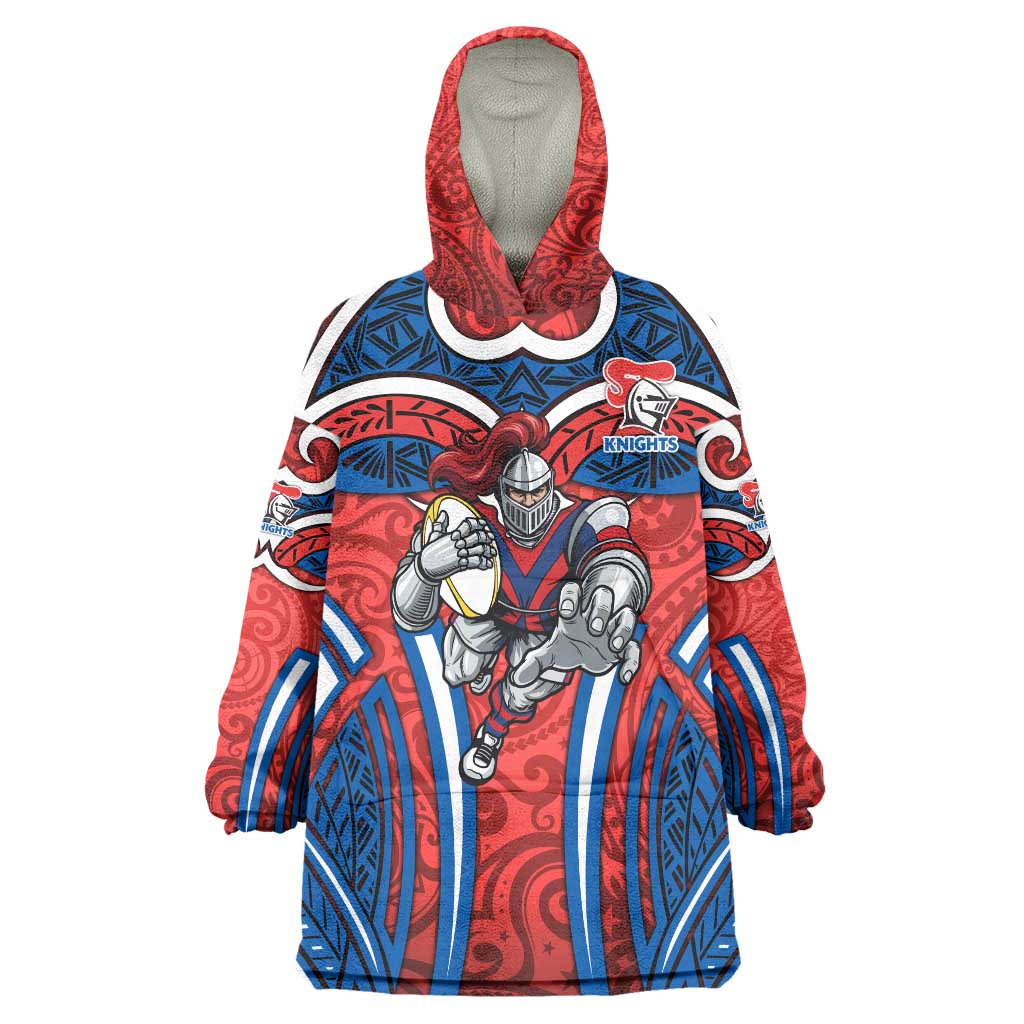 Newcastle Knights Rugby Wearable Blanket Hoodie Polynesian Tribal Knight Warrior Red Blue Pattern