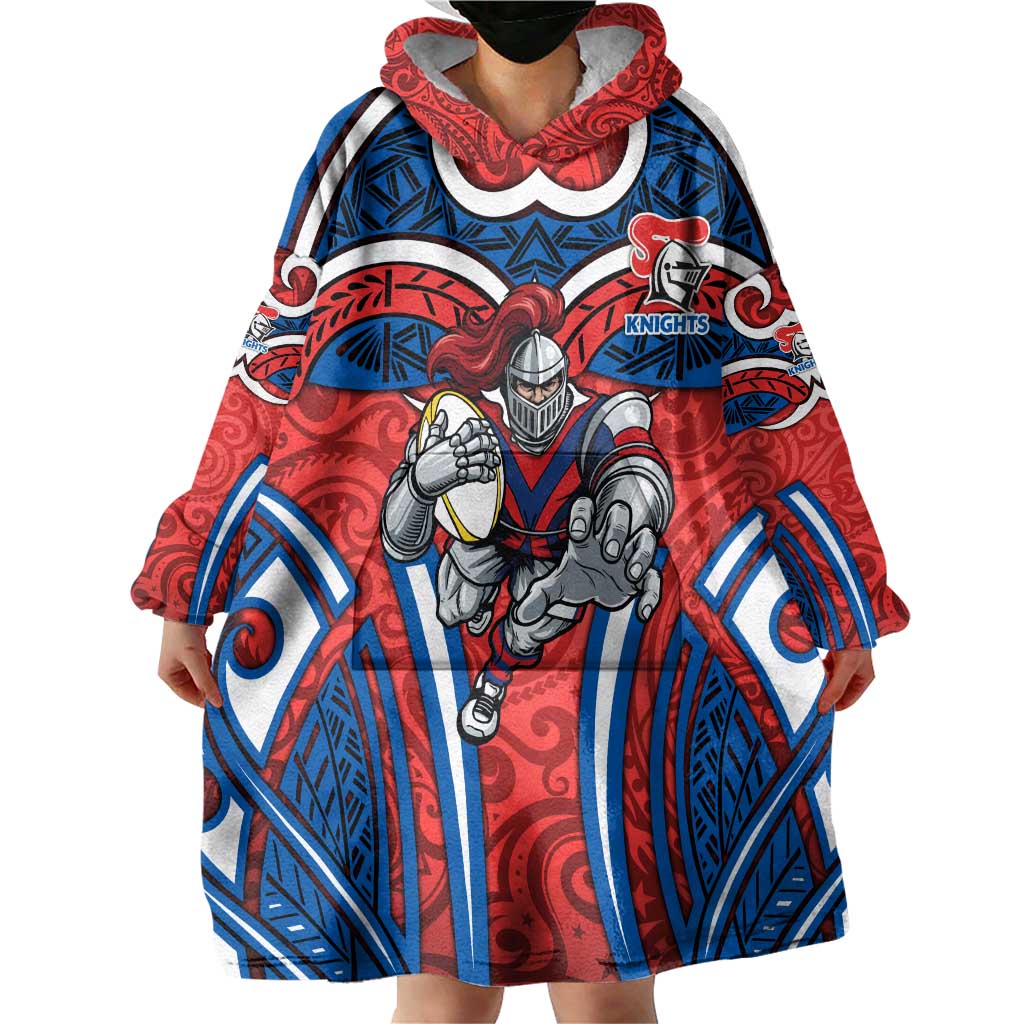 Newcastle Knights Rugby Wearable Blanket Hoodie Polynesian Tribal Knight Warrior Red Blue Pattern