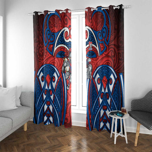 Newcastle Knights Rugby Window Curtain Polynesian Tribal Knight Warrior Red Blue Pattern