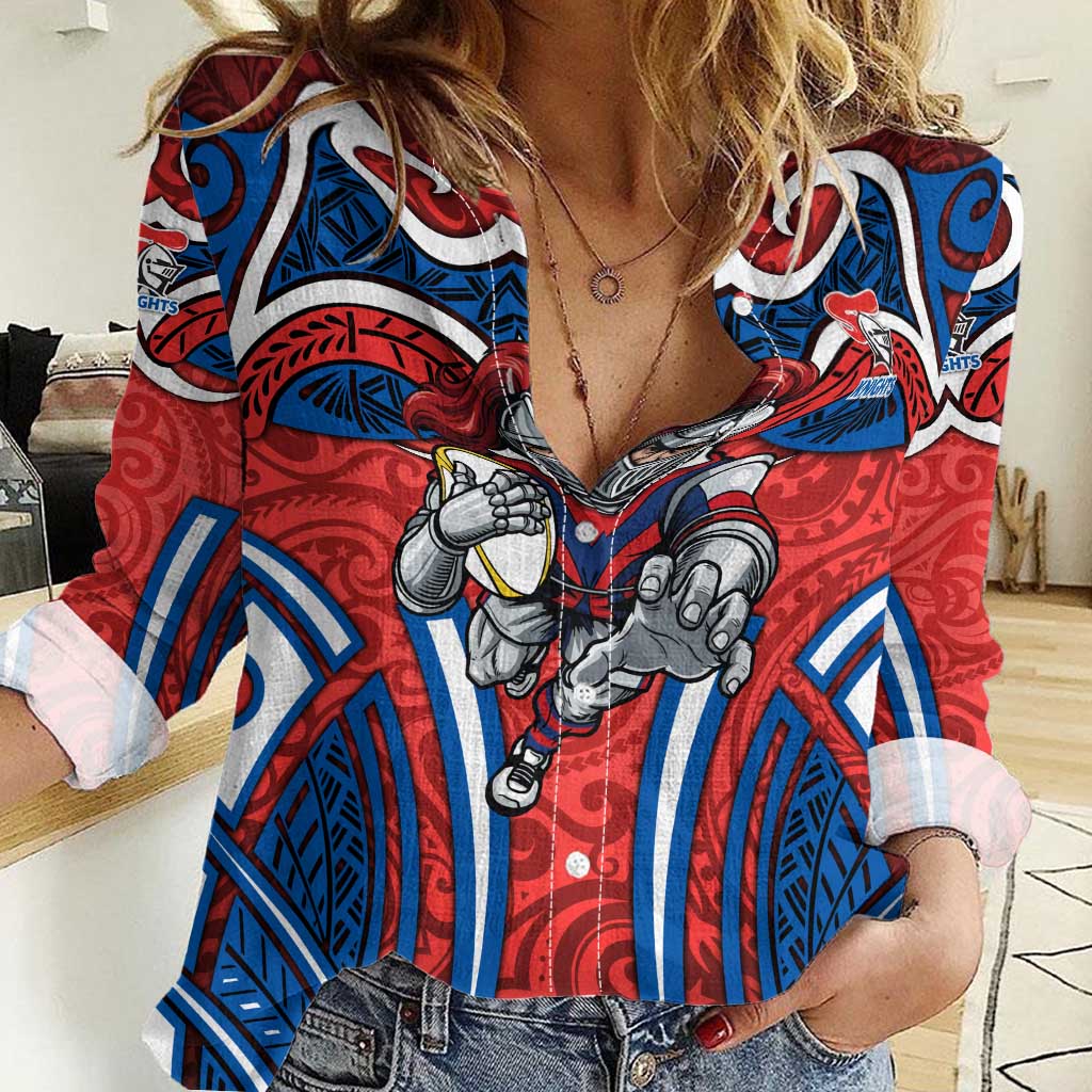 Newcastle Knights Rugby Women Casual Shirt Polynesian Tribal Knight Warrior Red Blue Pattern