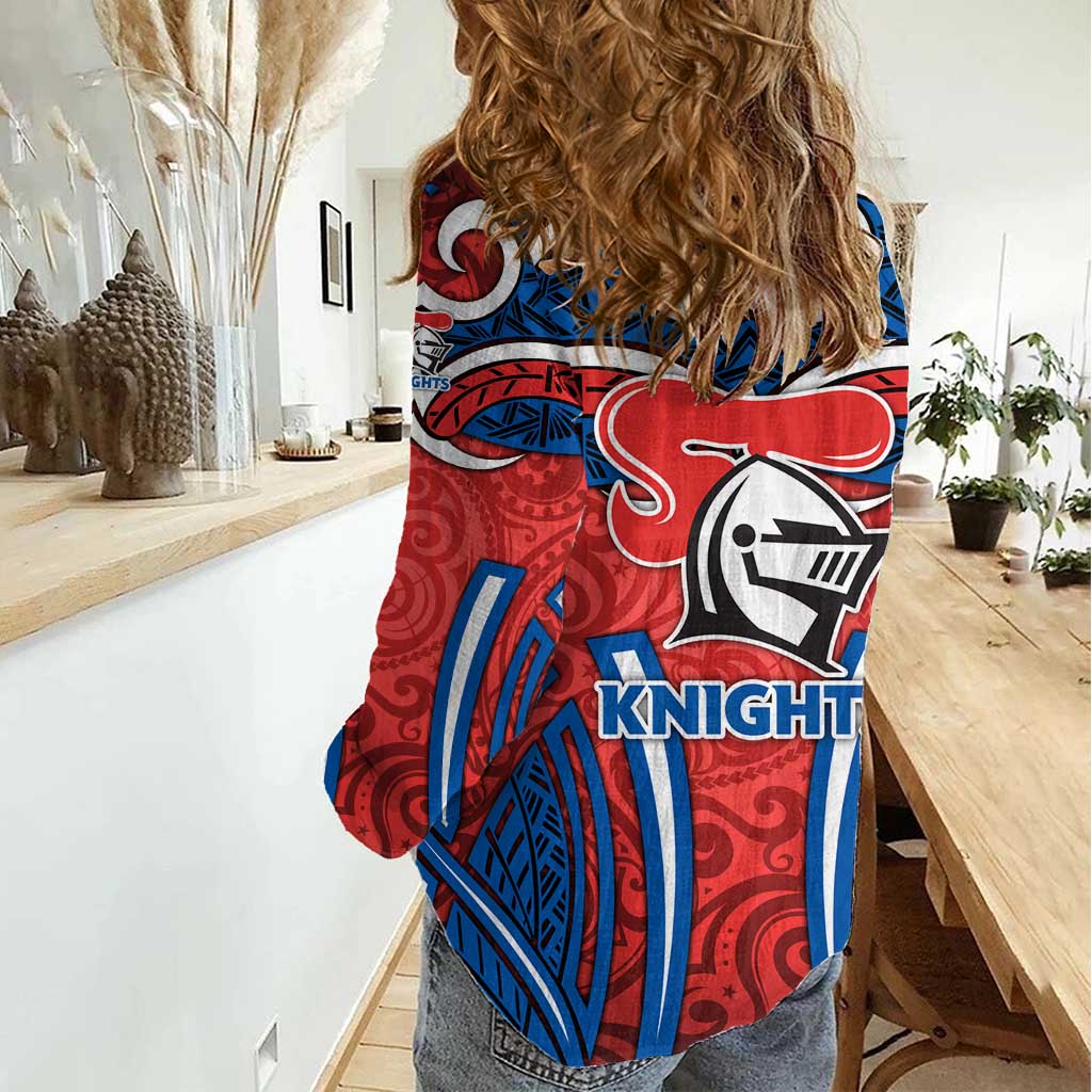 Newcastle Knights Rugby Women Casual Shirt Polynesian Tribal Knight Warrior Red Blue Pattern