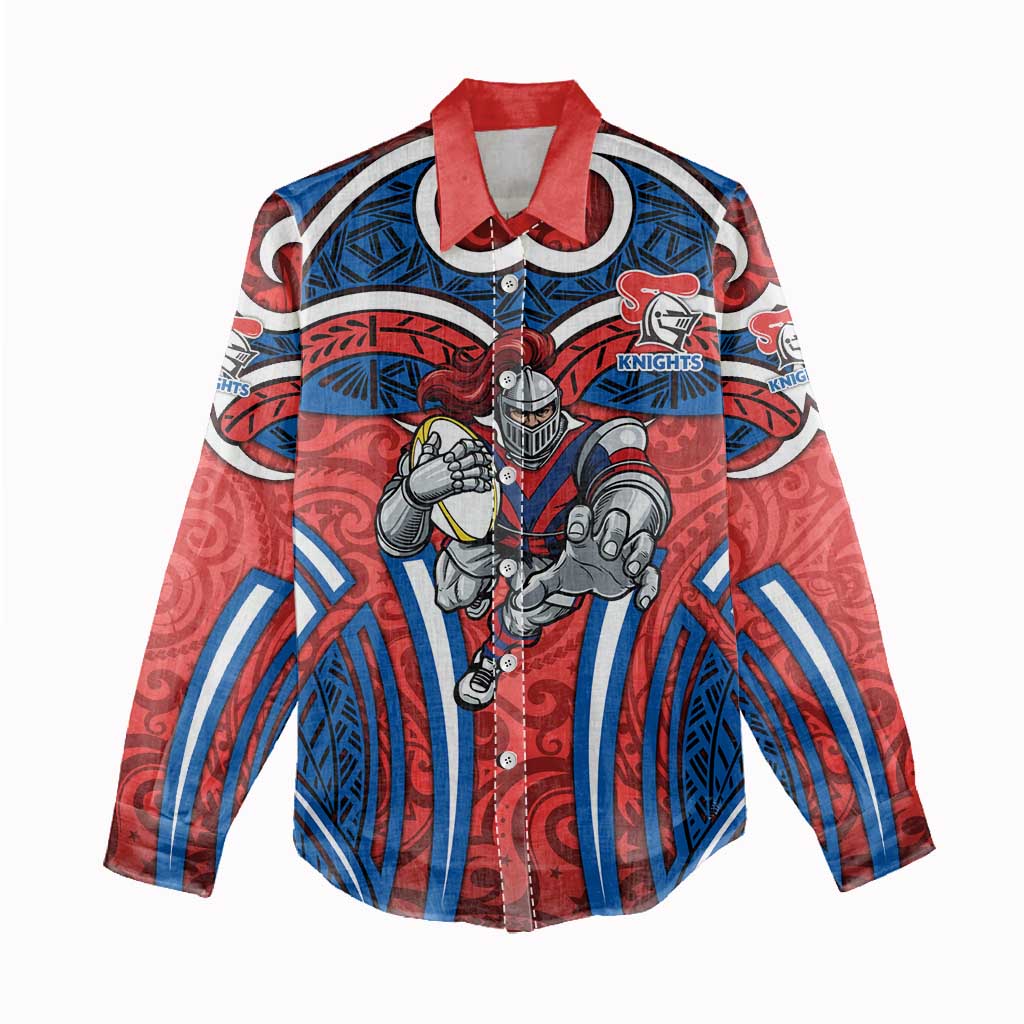 Newcastle Knights Rugby Women Casual Shirt Polynesian Tribal Knight Warrior Red Blue Pattern