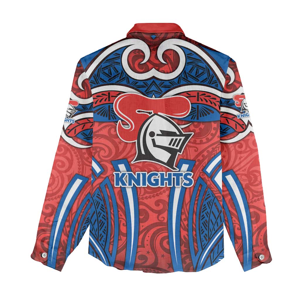 Newcastle Knights Rugby Women Casual Shirt Polynesian Tribal Knight Warrior Red Blue Pattern