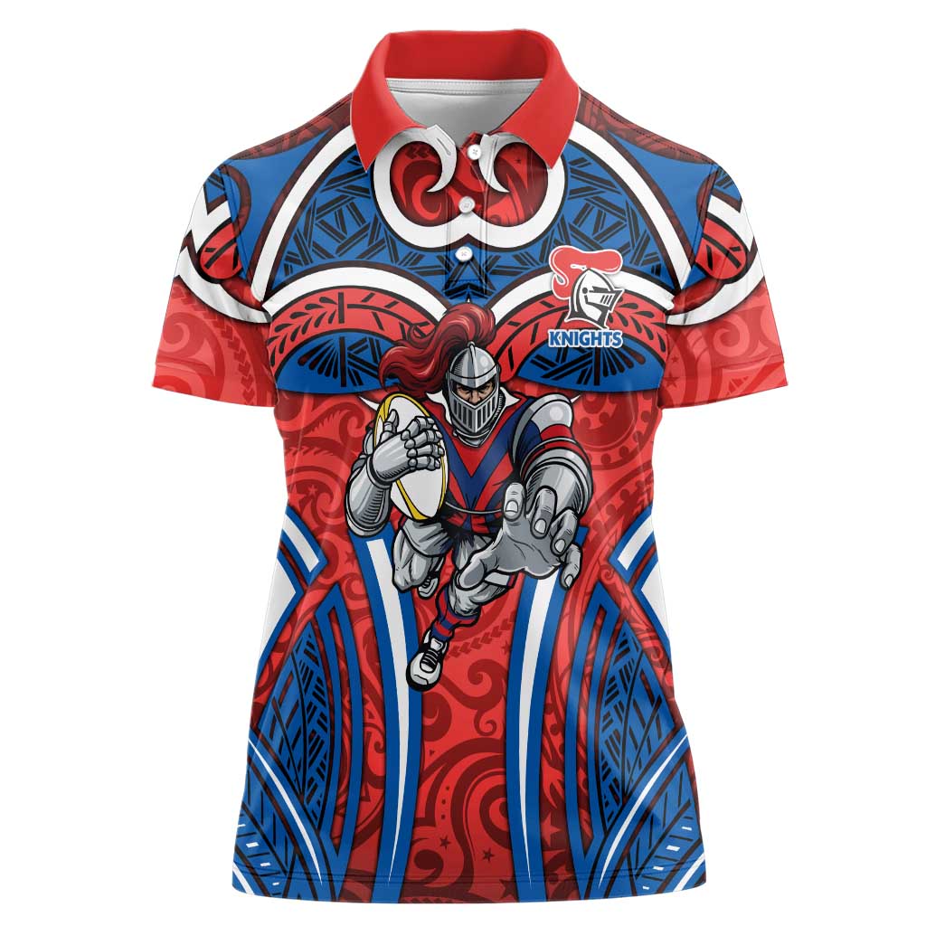 Newcastle Knights Rugby Women Polo Shirt Polynesian Tribal Knight Warrior Red Blue Pattern