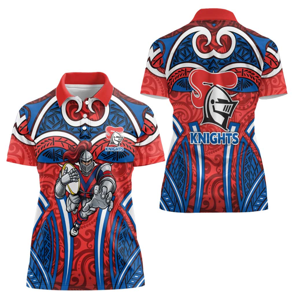 Newcastle Knights Rugby Women Polo Shirt Polynesian Tribal Knight Warrior Red Blue Pattern