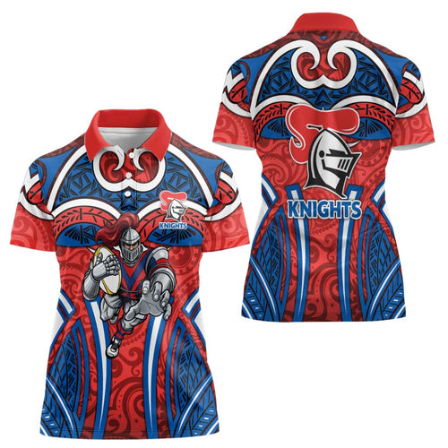 Newcastle Knights Rugby Women Polo Shirt Polynesian Tribal Knight Warrior Red Blue Pattern