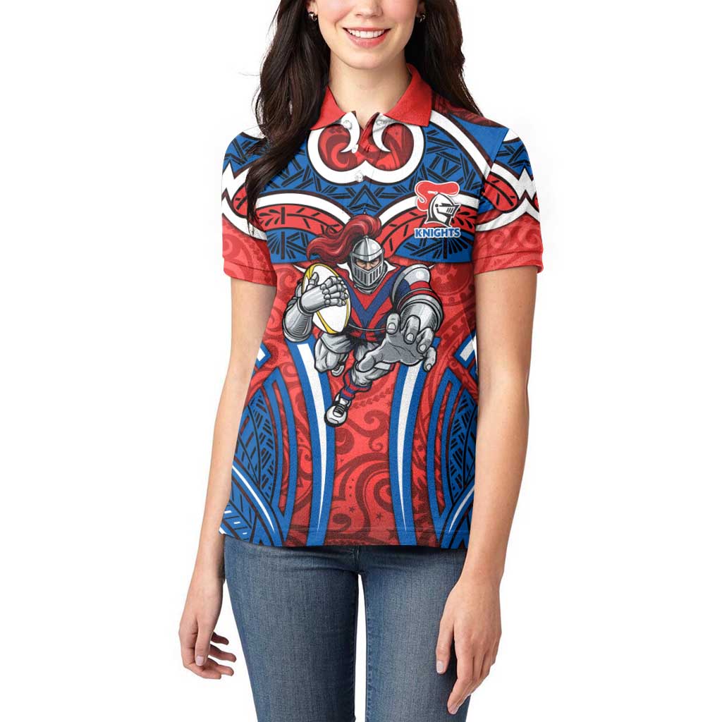 Newcastle Knights Rugby Women Polo Shirt Polynesian Tribal Knight Warrior Red Blue Pattern