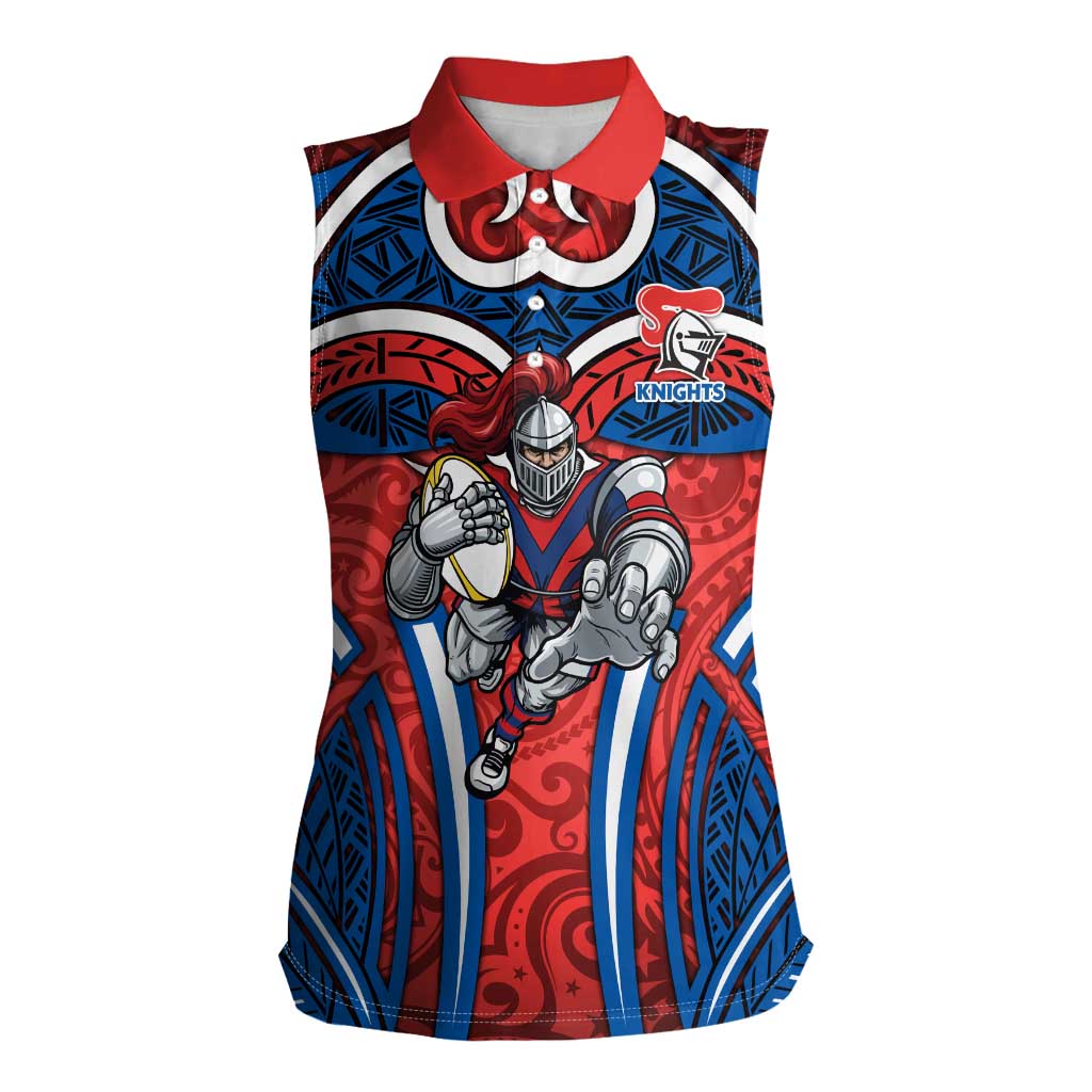Newcastle Knights Rugby Women Sleeveless Polo Shirt Polynesian Tribal Knight Warrior Red Blue Pattern