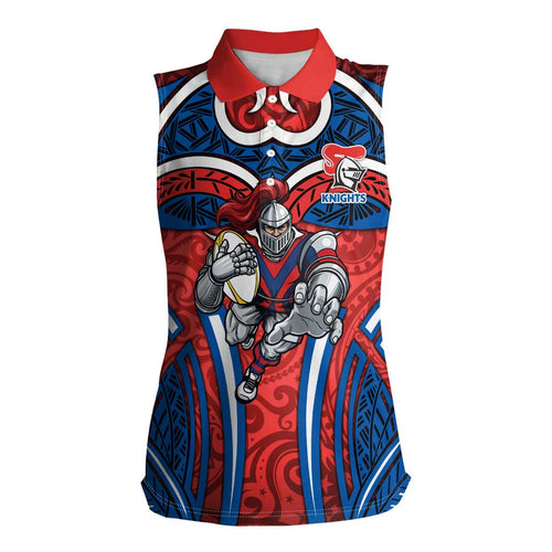Newcastle Knights Rugby Women Sleeveless Polo Shirt Polynesian Tribal Knight Warrior Red Blue Pattern