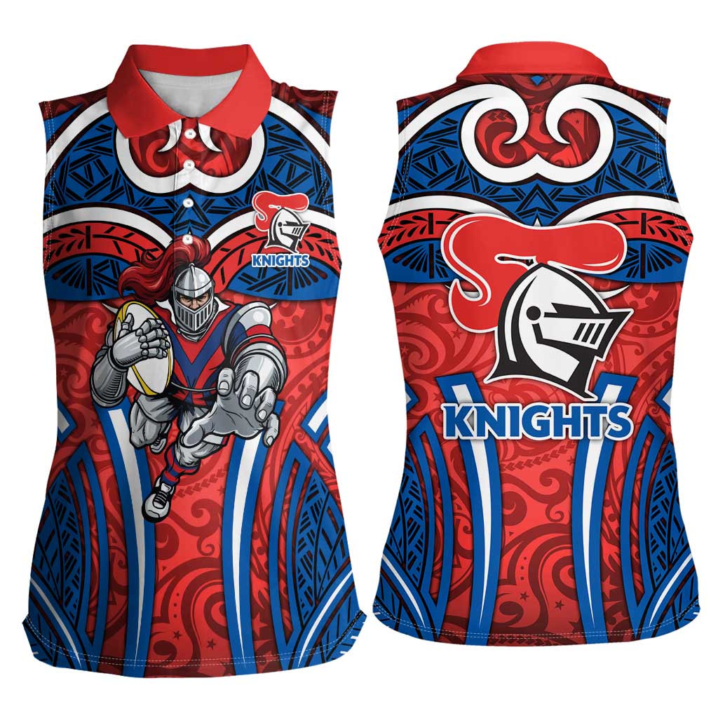 Newcastle Knights Rugby Women Sleeveless Polo Shirt Polynesian Tribal Knight Warrior Red Blue Pattern
