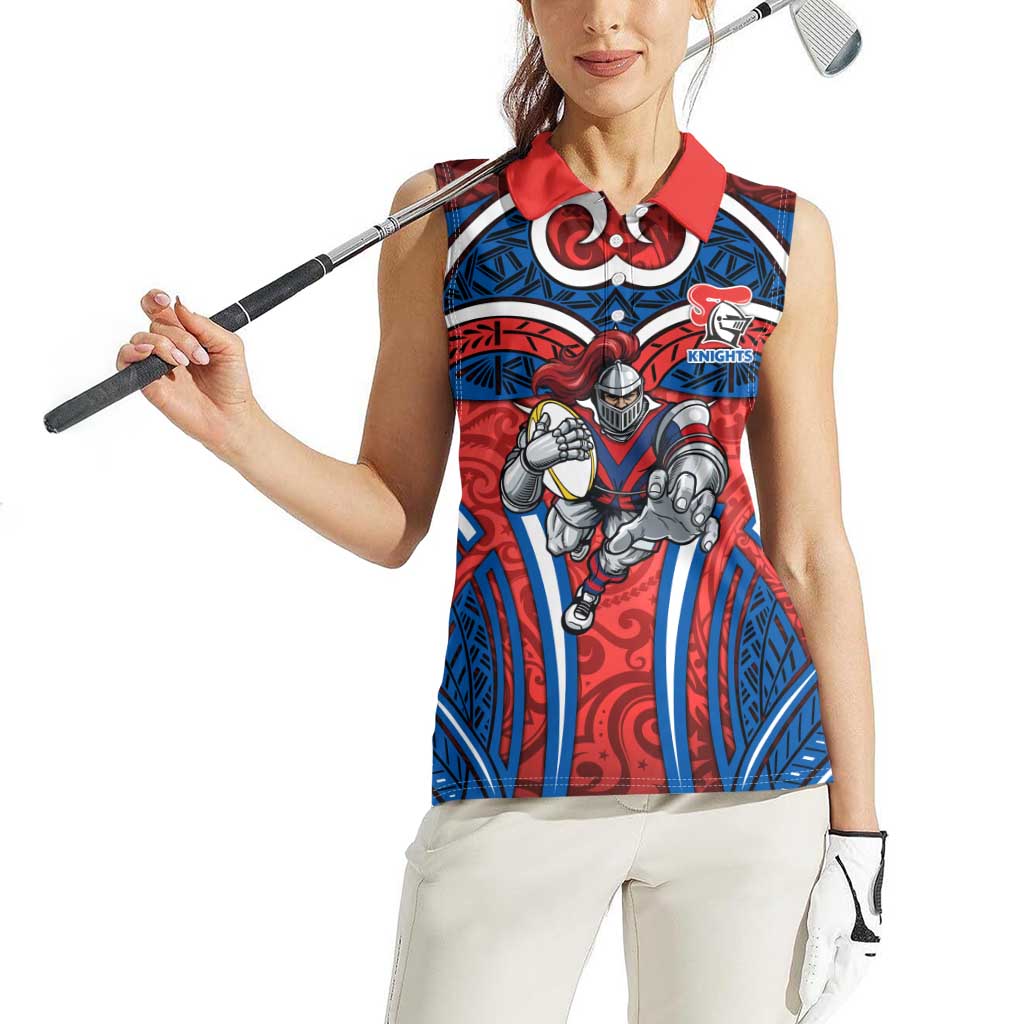 Newcastle Knights Rugby Women Sleeveless Polo Shirt Polynesian Tribal Knight Warrior Red Blue Pattern