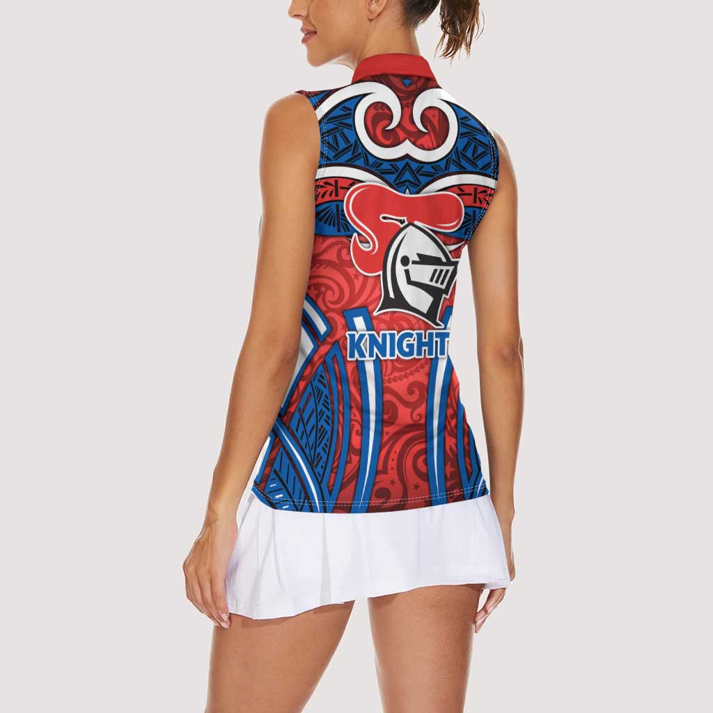 Newcastle Knights Rugby Women Sleeveless Polo Shirt Polynesian Tribal Knight Warrior Red Blue Pattern