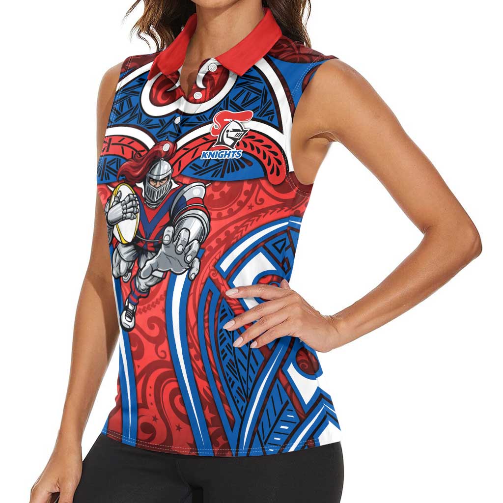 Newcastle Knights Rugby Women Sleeveless Polo Shirt Polynesian Tribal Knight Warrior Red Blue Pattern