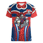 Newcastle Knights Rugby Women V-Neck T-Shirt Polynesian Tribal Knight Warrior Red Blue Pattern