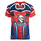 Newcastle Knights Rugby Women V-Neck T-Shirt Polynesian Tribal Knight Warrior Red Blue Pattern