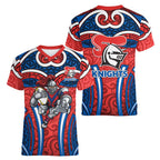 Newcastle Knights Rugby Women V-Neck T-Shirt Polynesian Tribal Knight Warrior Red Blue Pattern