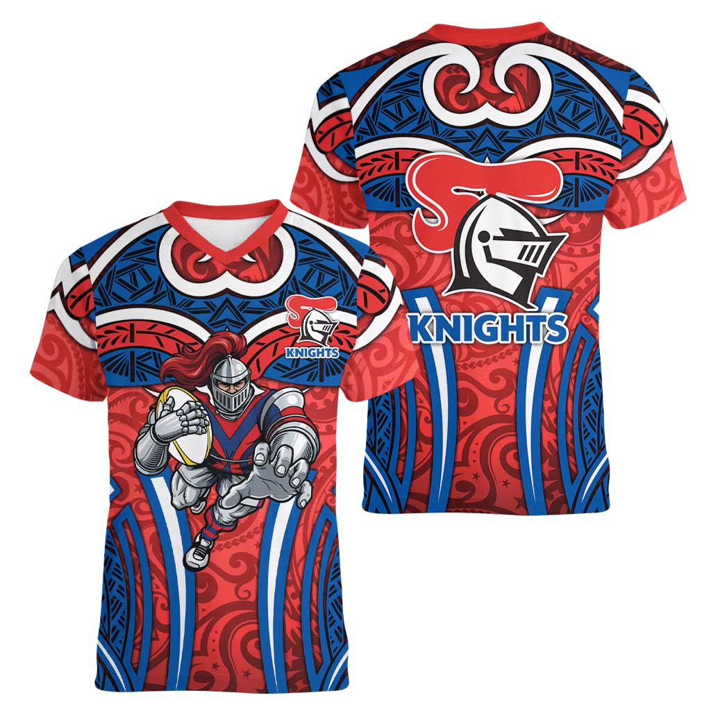 Newcastle Knights Rugby Women V-Neck T-Shirt Polynesian Tribal Knight Warrior Red Blue Pattern