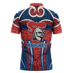 Newcastle Knights Rugby Zipper Polo Shirt Polynesian Tribal Knight Warrior Red Blue Pattern