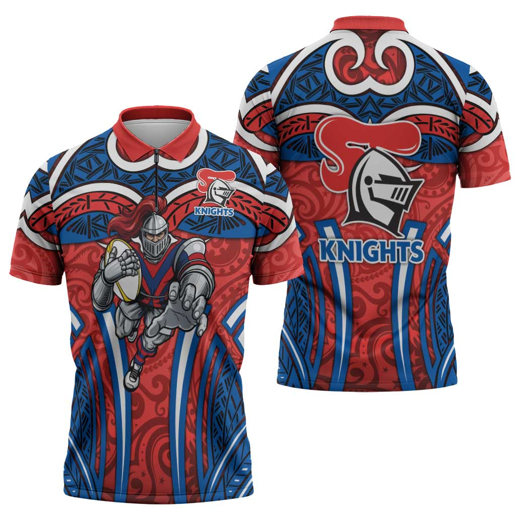 Newcastle Knights Rugby Zipper Polo Shirt Polynesian Tribal Knight Warrior Red Blue Pattern