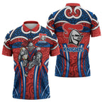 Newcastle Knights Rugby Zipper Polo Shirt Polynesian Tribal Knight Warrior Red Blue Pattern