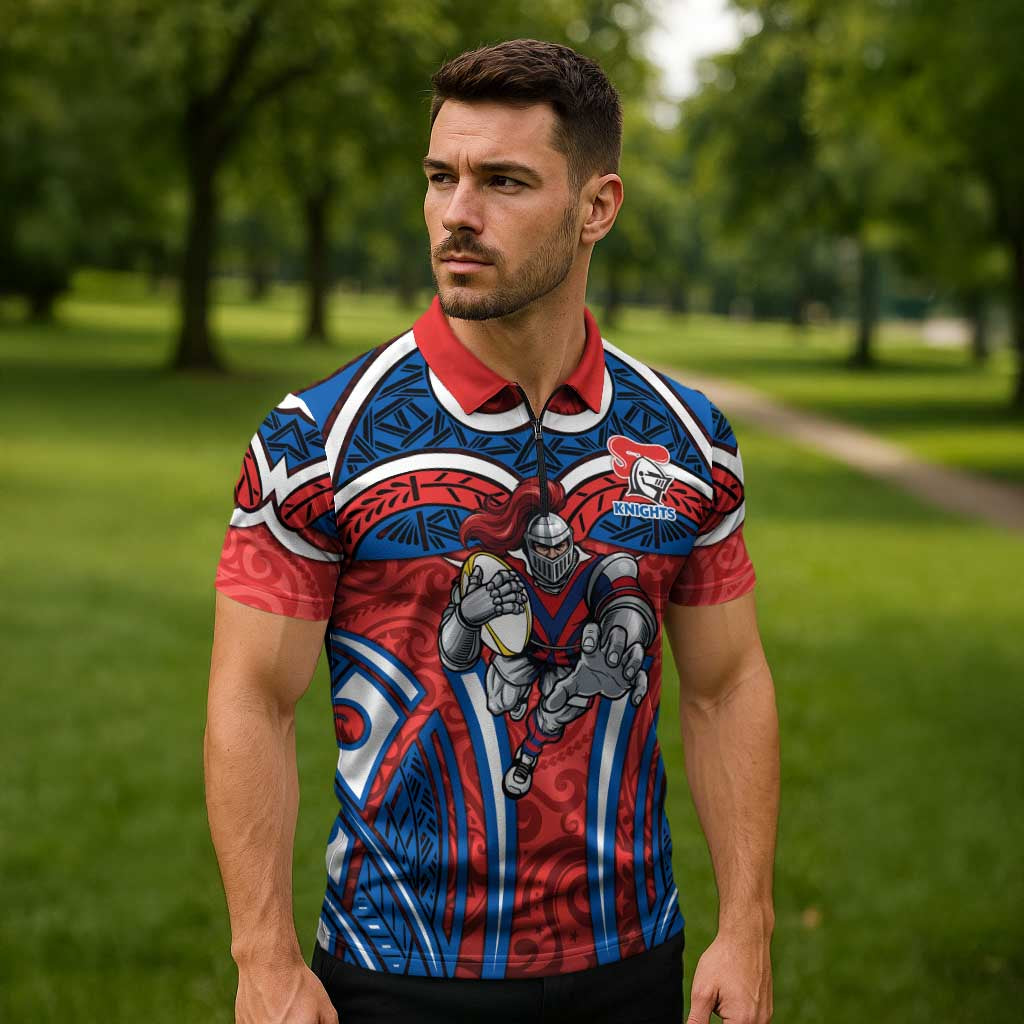 Newcastle Knights Rugby Zipper Polo Shirt Polynesian Tribal Knight Warrior Red Blue Pattern