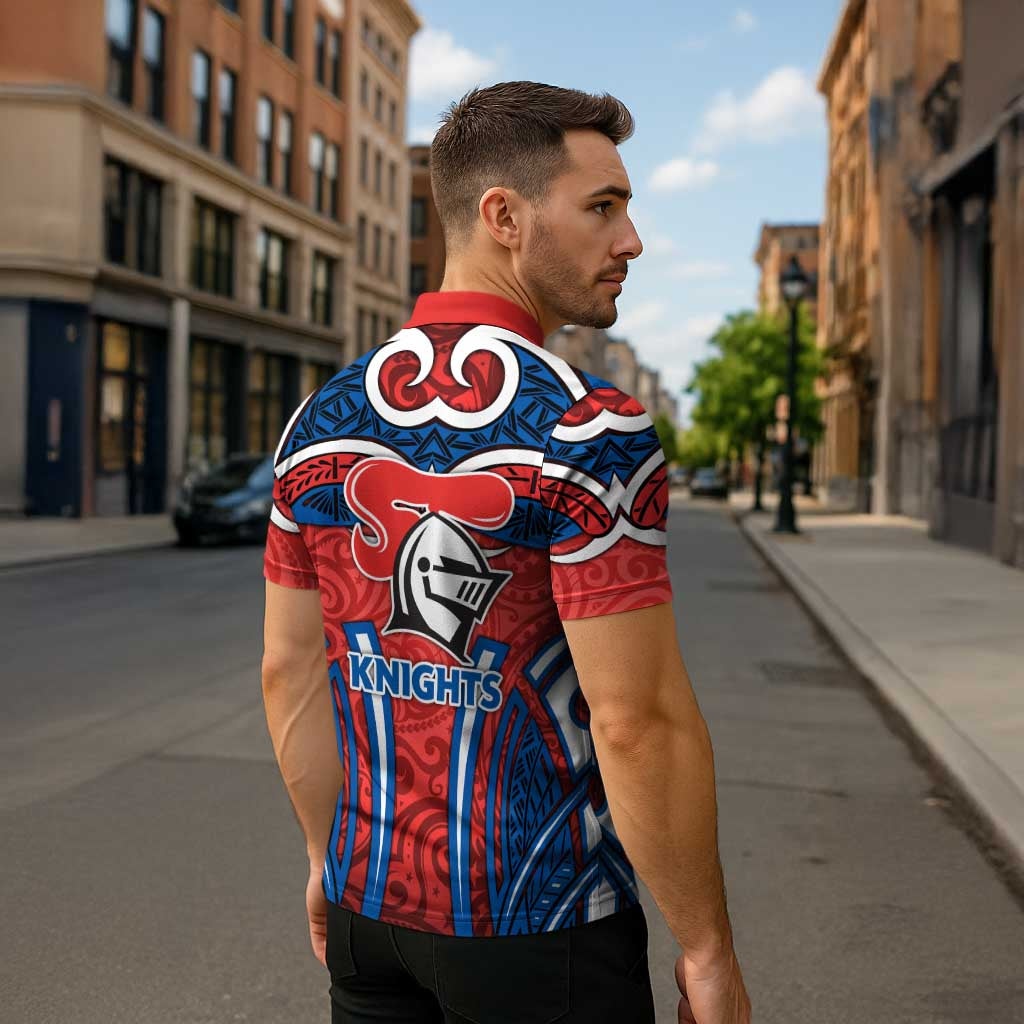 Newcastle Knights Rugby Zipper Polo Shirt Polynesian Tribal Knight Warrior Red Blue Pattern