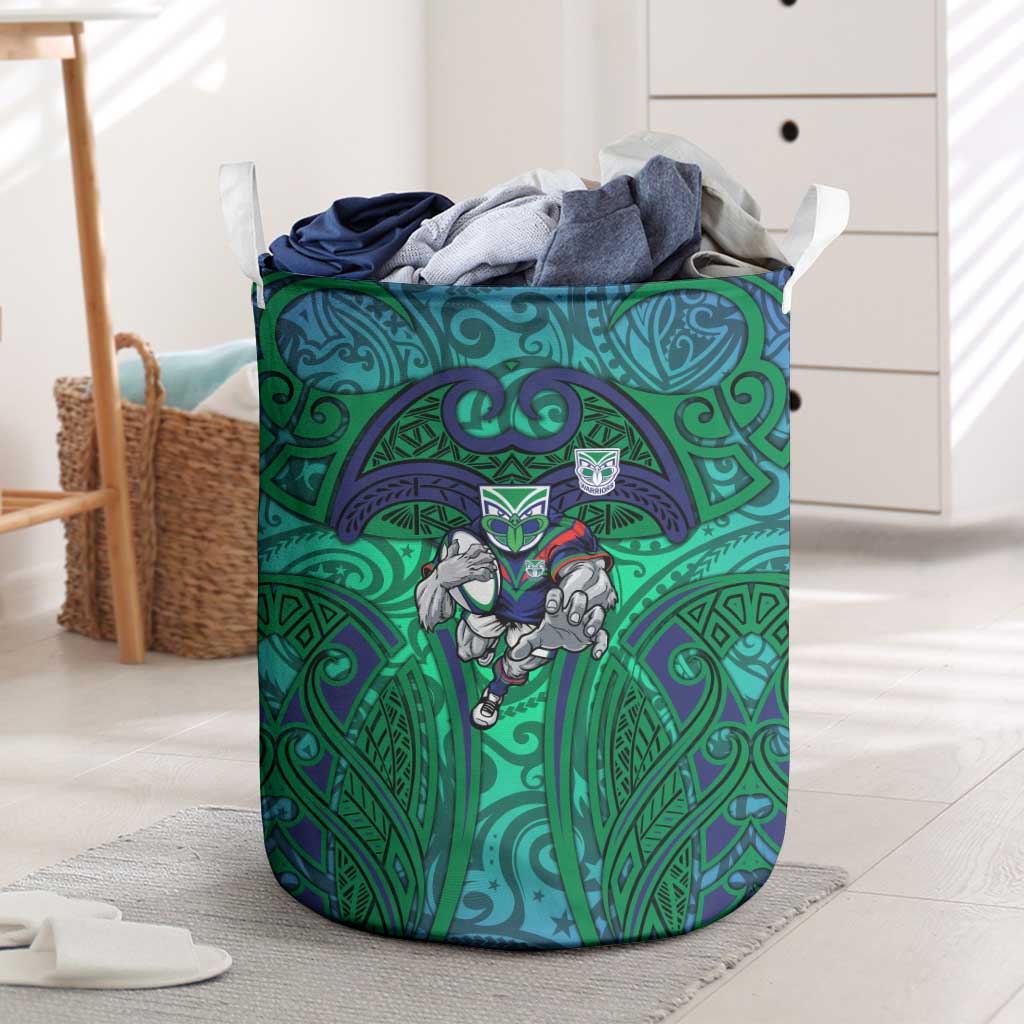 New Zealand Warriors Rugby Laundry Basket Polynesian Tribal Warrior Mask Green Blue Pattern
