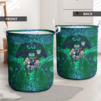 New Zealand Warriors Rugby Laundry Basket Polynesian Tribal Warrior Mask Green Blue Pattern