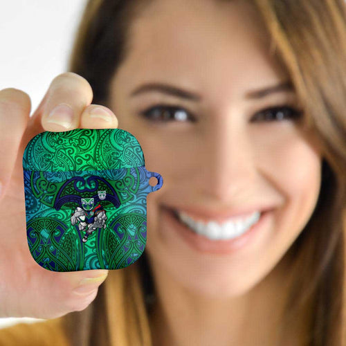 New Zealand Warriors Rugby AirPods Case Polynesian Tribal Warrior Mask Green Blue Pattern