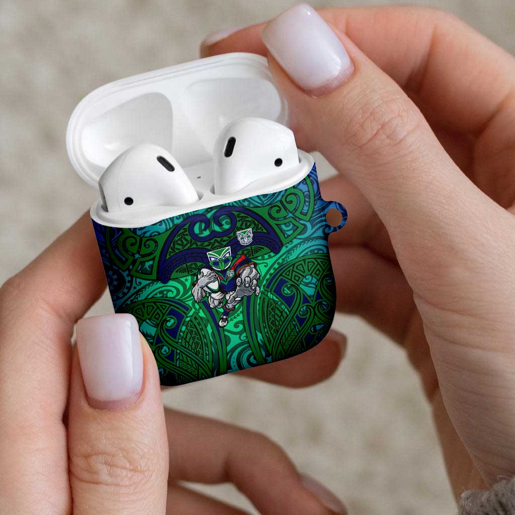 New Zealand Warriors Rugby AirPods Case Polynesian Tribal Warrior Mask Green Blue Pattern