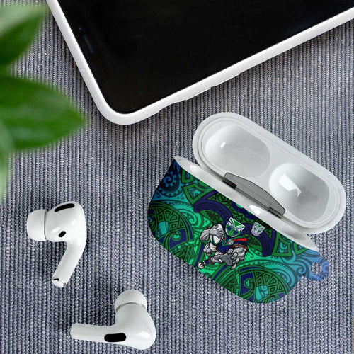 New Zealand Warriors Rugby AirPods Case Polynesian Tribal Warrior Mask Green Blue Pattern