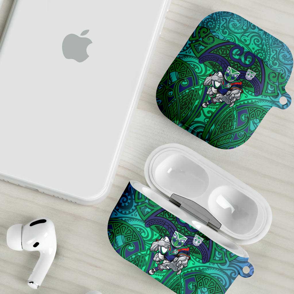 New Zealand Warriors Rugby AirPods Case Polynesian Tribal Warrior Mask Green Blue Pattern
