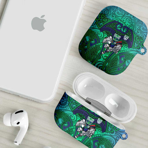 New Zealand Warriors Rugby AirPods Case Polynesian Tribal Warrior Mask Green Blue Pattern