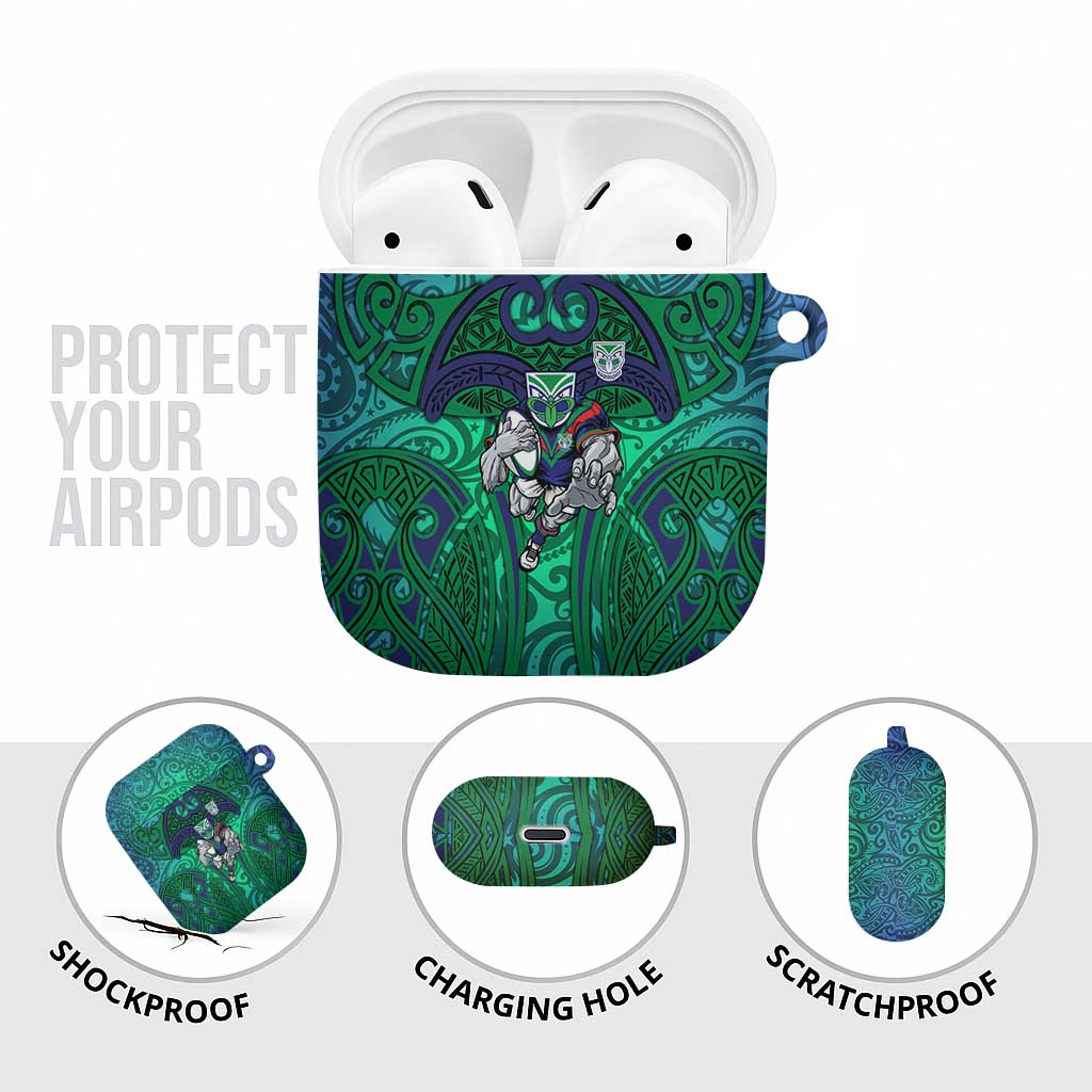 New Zealand Warriors Rugby AirPods Case Polynesian Tribal Warrior Mask Green Blue Pattern