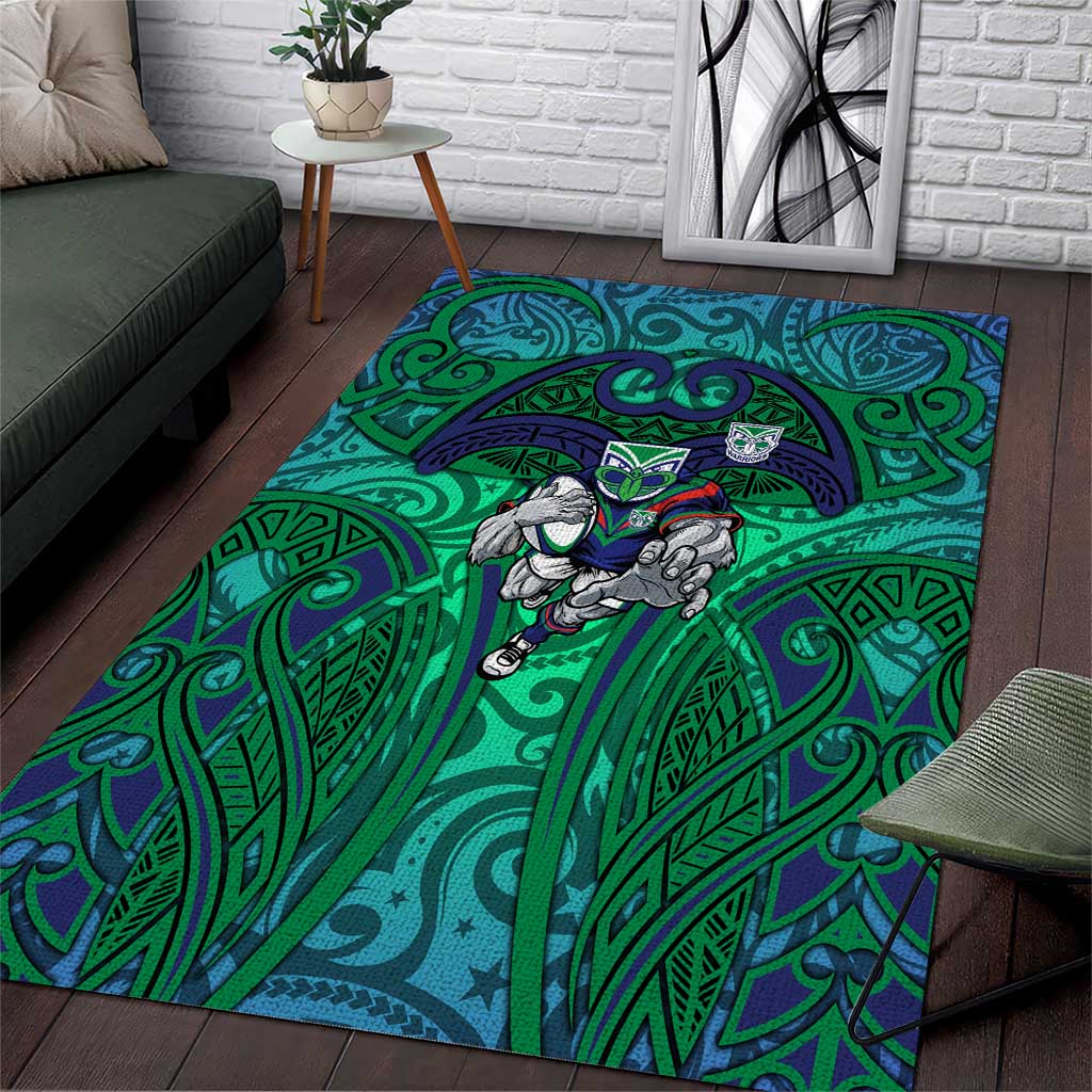New Zealand Warriors Rugby Area Rug Polynesian Tribal Warrior Mask Green Blue Pattern