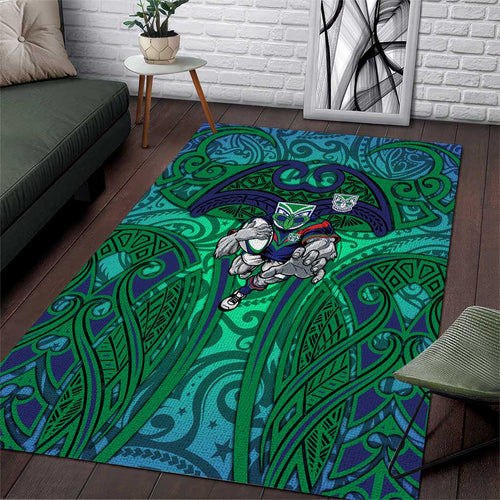 New Zealand Warriors Rugby Area Rug Polynesian Tribal Warrior Mask Green Blue Pattern