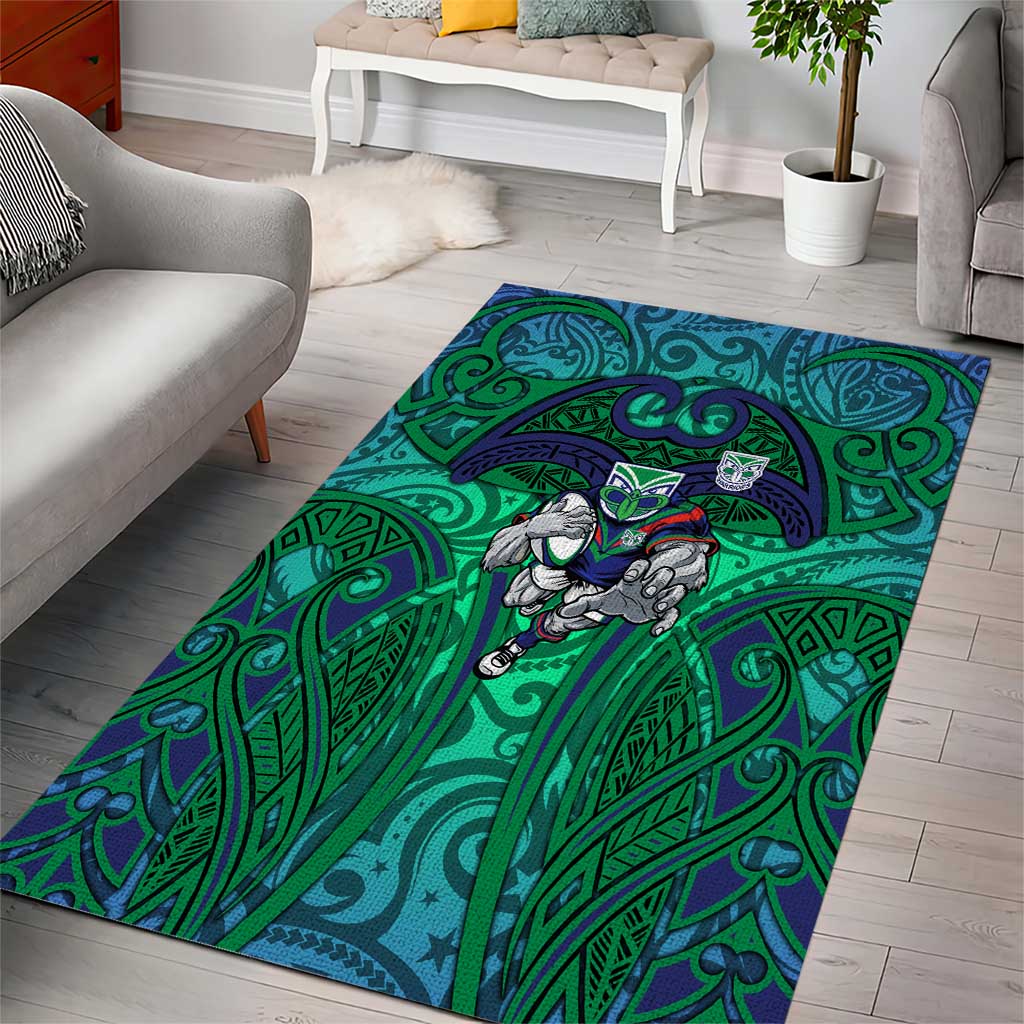 New Zealand Warriors Rugby Area Rug Polynesian Tribal Warrior Mask Green Blue Pattern
