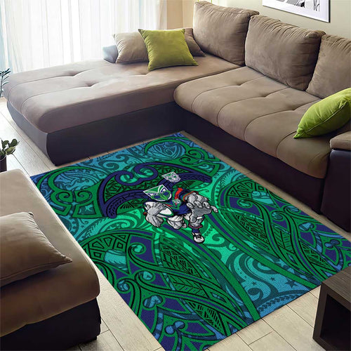 New Zealand Warriors Rugby Area Rug Polynesian Tribal Warrior Mask Green Blue Pattern