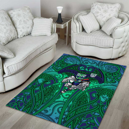New Zealand Warriors Rugby Area Rug Polynesian Tribal Warrior Mask Green Blue Pattern