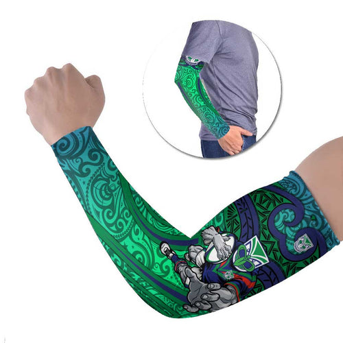 New Zealand Warriors Rugby Arm Sleeves Polynesian Tribal Warrior Mask Green Blue Pattern