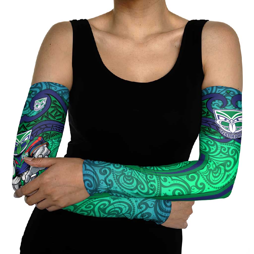 New Zealand Warriors Rugby Arm Sleeves Polynesian Tribal Warrior Mask Green Blue Pattern