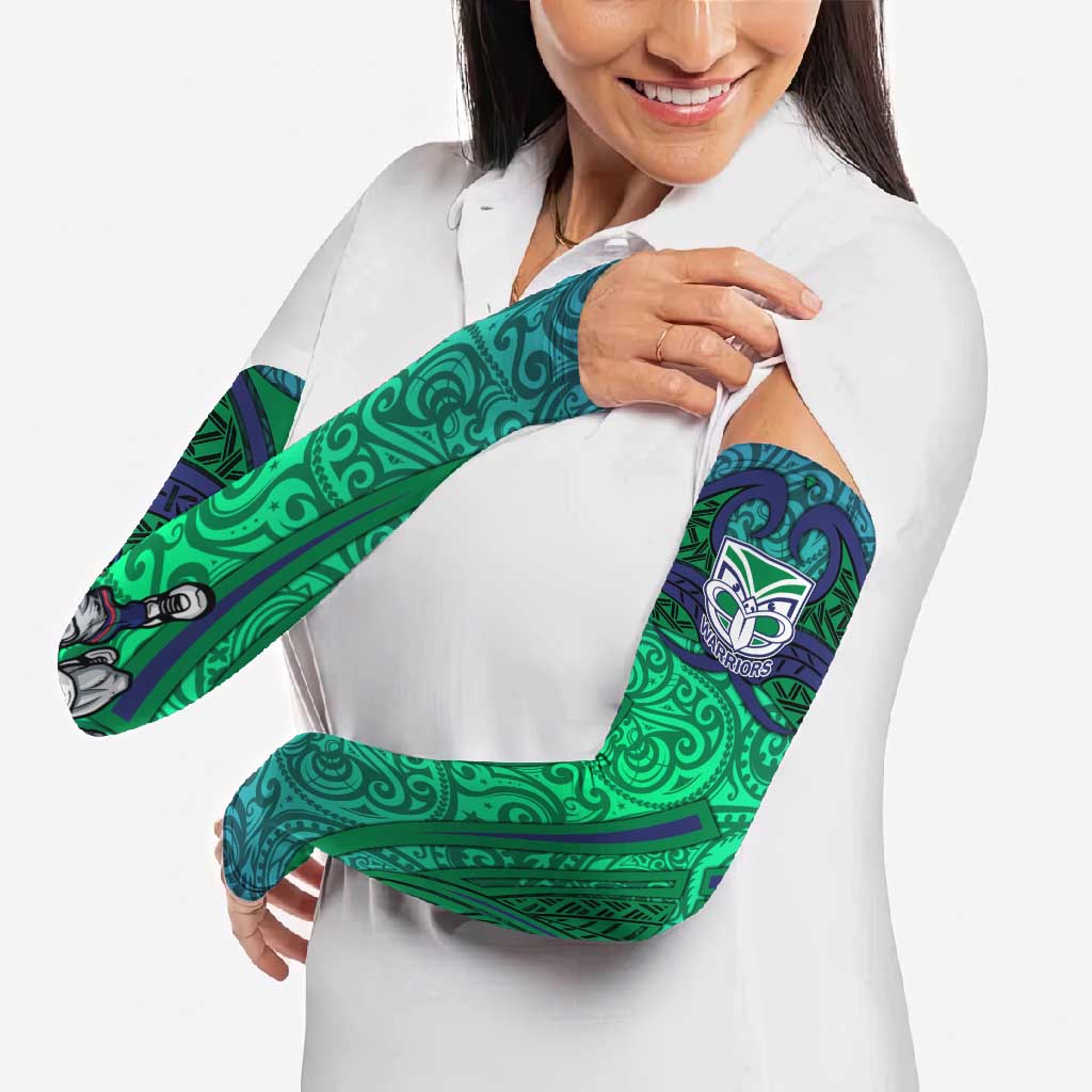New Zealand Warriors Rugby Arm Sleeves Polynesian Tribal Warrior Mask Green Blue Pattern