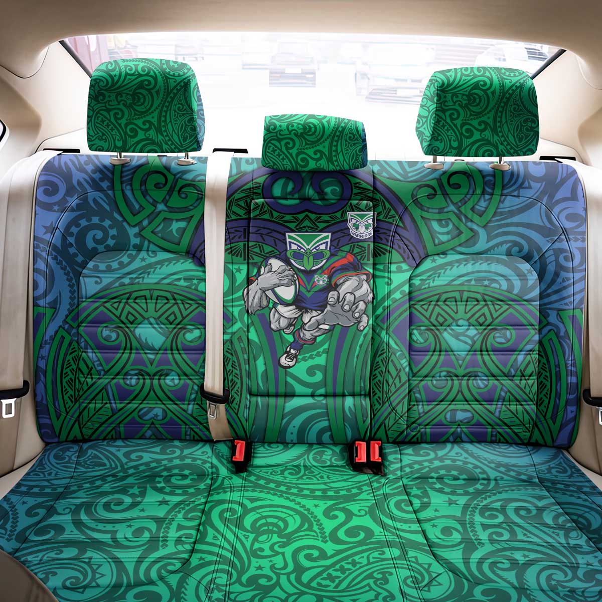 New Zealand Warriors Rugby Back Car Seat Cover Polynesian Tribal Warrior Mask Green Blue Pattern