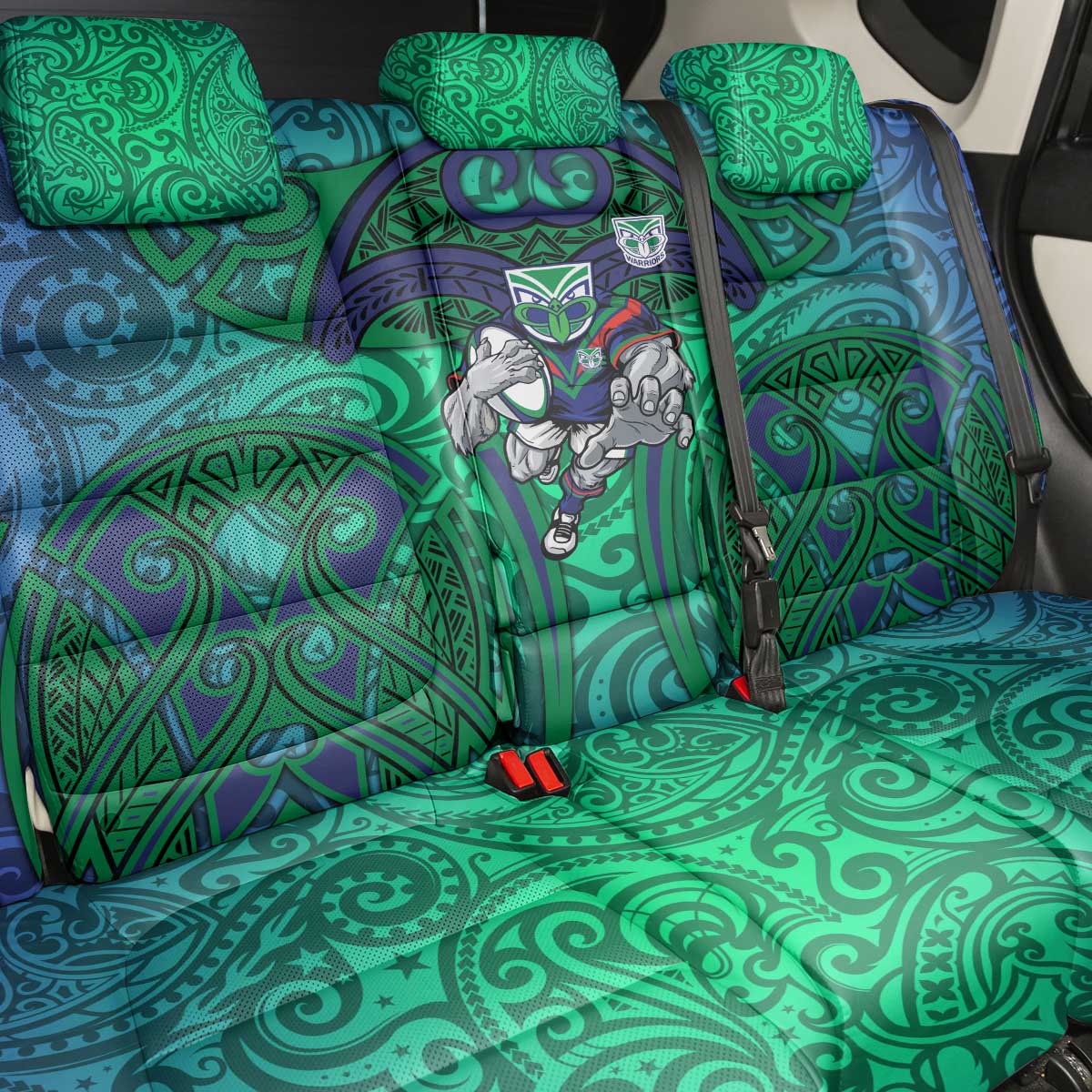 New Zealand Warriors Rugby Back Car Seat Cover Polynesian Tribal Warrior Mask Green Blue Pattern