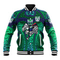 New Zealand Warriors Rugby Baseball Jacket Polynesian Tribal Warrior Mask Green Blue Pattern